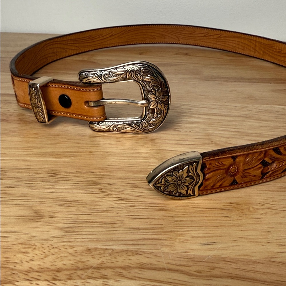 Western tooled Leather Belt with Silver Buckle - Picture 1 of 16